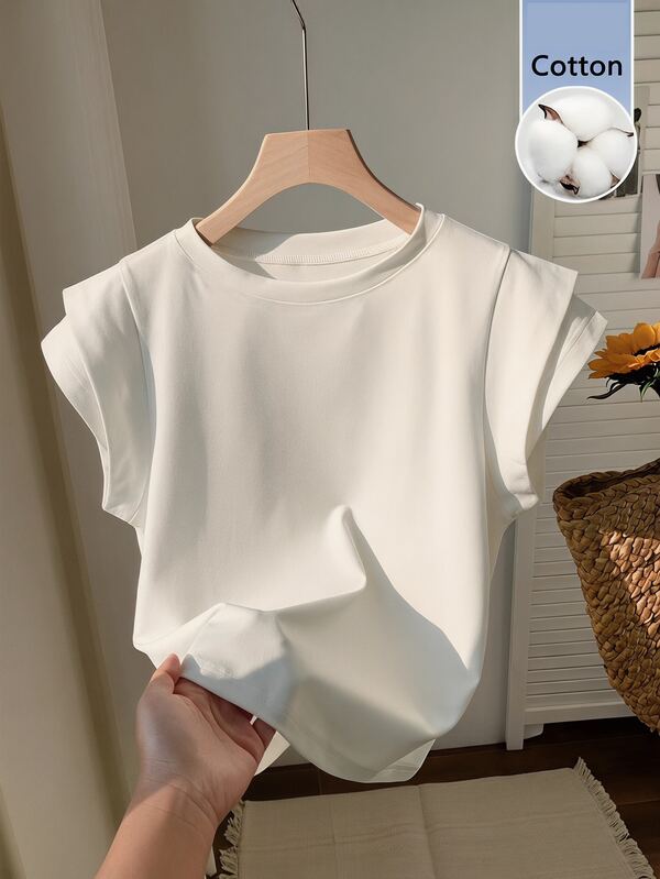 SHEIN Kaos Putih Tanpa Lengan Dua Lapis Leher Bulat Kasual Musim Semi/Panas untuk Anak Perempuan Remaja, Cocok untuk Pakaian Kasual Sehari-hari, Atasan Putih