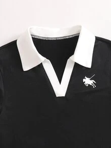 SHEIN 青少年女孩 2件組短袖黑白拼色 Polo 迷你套裝，青春活力風，精緻馬標印花 - 黑色 - 查看 7