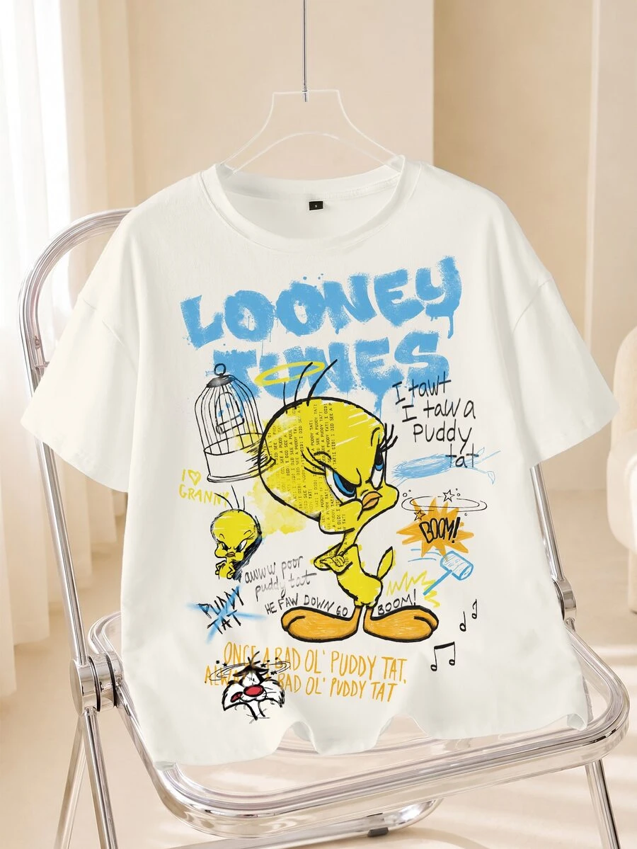 LOONEY TUNES X SHEIN 女款字母印花圓領短袖休閒T恤 - 白色 - 查看 1