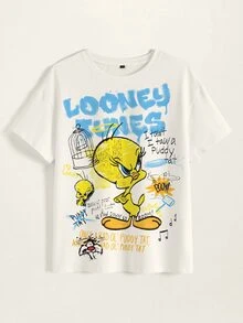 LOONEY TUNES X SHEIN 女款字母印花圓領短袖休閒T恤 - 白色 - 查看 3