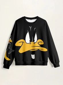 LOONEY TUNES X SHEIN 女款卡通印花圓領長袖休閒運動衫 - 白色 - 查看 3