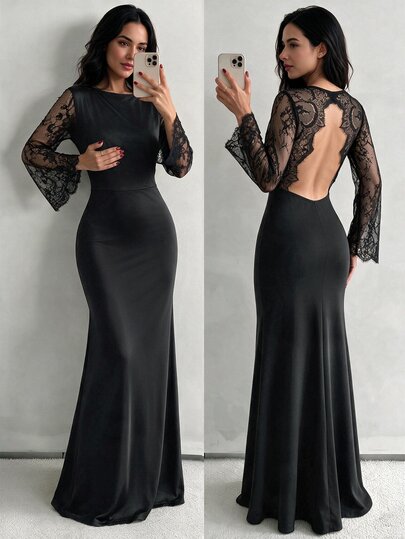 Elenzga Vestido largo negro de punto drapeado con espalda descubierta y encaje, manga larga acampanada transparente, vestido de noche de lujo para fiesta y cita