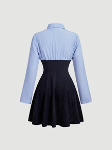 SHEIN MOD 2合1黑色長袖襯衫洋裝，返校季秋季休閒學院風復古畢業禮服，優雅度假外出茶會日派對洋裝 - 藍色 - 查看 7