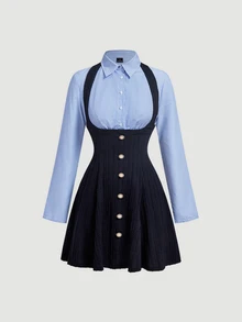 SHEIN MOD 2合1黑色長袖襯衫洋裝，返校季秋季休閒學院風復古畢業禮服，優雅度假外出茶會日派對洋裝 - 藍色 - 查看 4