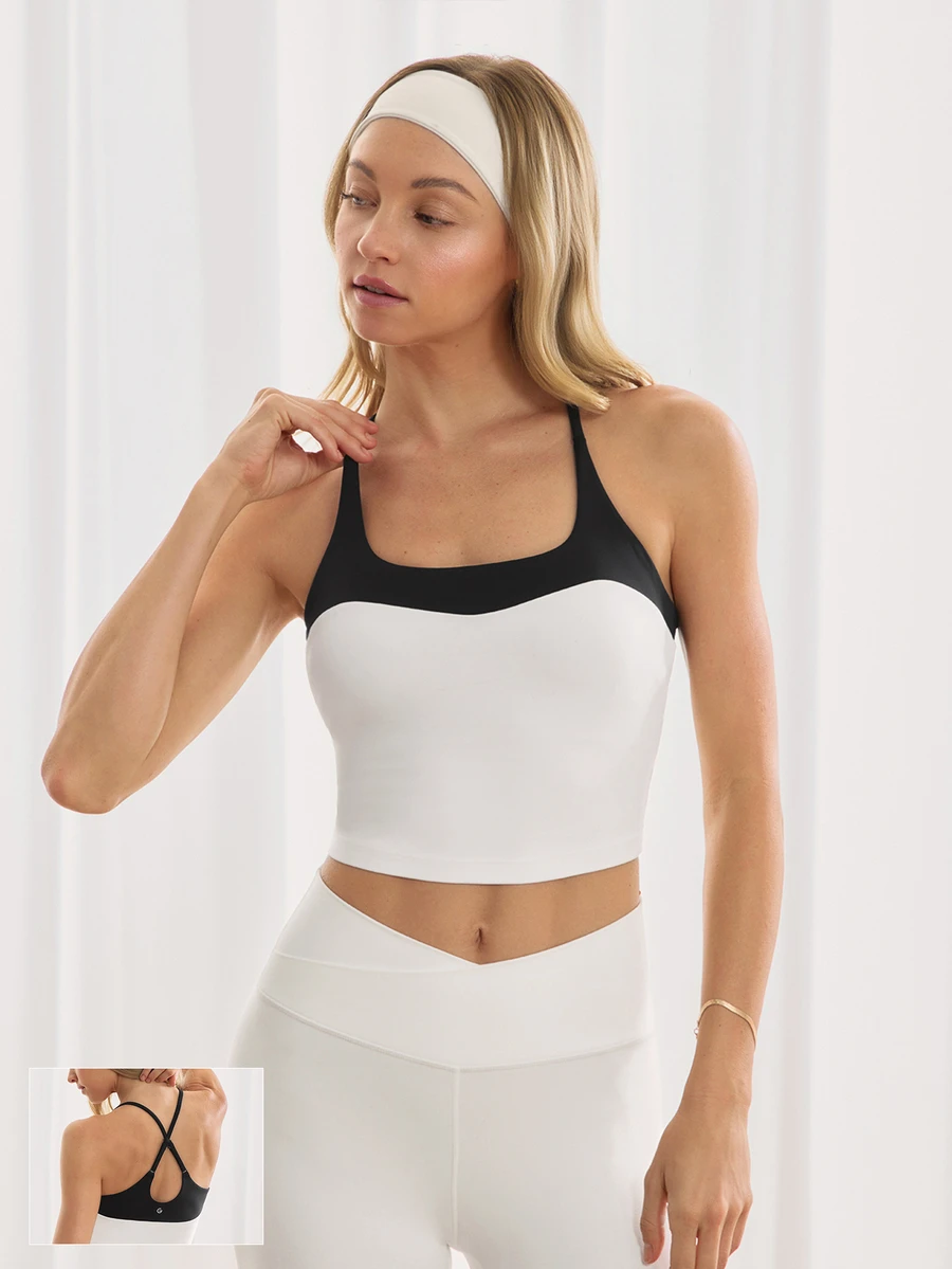 GLOWMODE FeatherFit™ Energizer Slim Fit Color Contrast Crossover Straps Low Neckline Removable Cups Cropped Active Tank Yoga Pilates - White - View 1