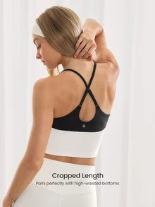 GLOWMODE FeatherFit™ Energizer Slim Fit Color Contrast Crossover Straps Low Neckline Removable Cups Cropped Active Tank Yoga Pilates - White - View 2