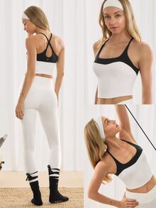 GLOWMODE FeatherFit™ Energizer Slim Fit Color Contrast Crossover Straps Low Neckline Removable Cups Cropped Active Tank Yoga Pilates - White - View 9