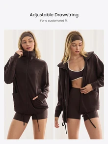 GLOWMODE Chaqueta con cremallera, cuello ancho, cordón ajustable y tela suave y transpirable de modal para días relajados, uso diario y casual - Marrón Chocolate - Ver 4