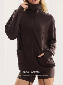 GLOWMODE Chaqueta con cremallera, cuello ancho, cordón ajustable y tela suave y transpirable de modal para días relajados, uso diario y casual - Marrón Chocolate - Ver 5