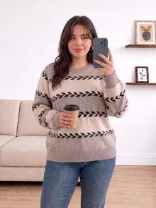 CosyJoli Plus Size Women's Striped Crew Neck Raglan Long Sleeve Loose Pullover Sweater Winter - Multicolor - View 4