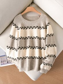 CosyJoli Plus Size Women's Striped Crew Neck Raglan Long Sleeve Loose Pullover Sweater Winter - Multicolor - View 6