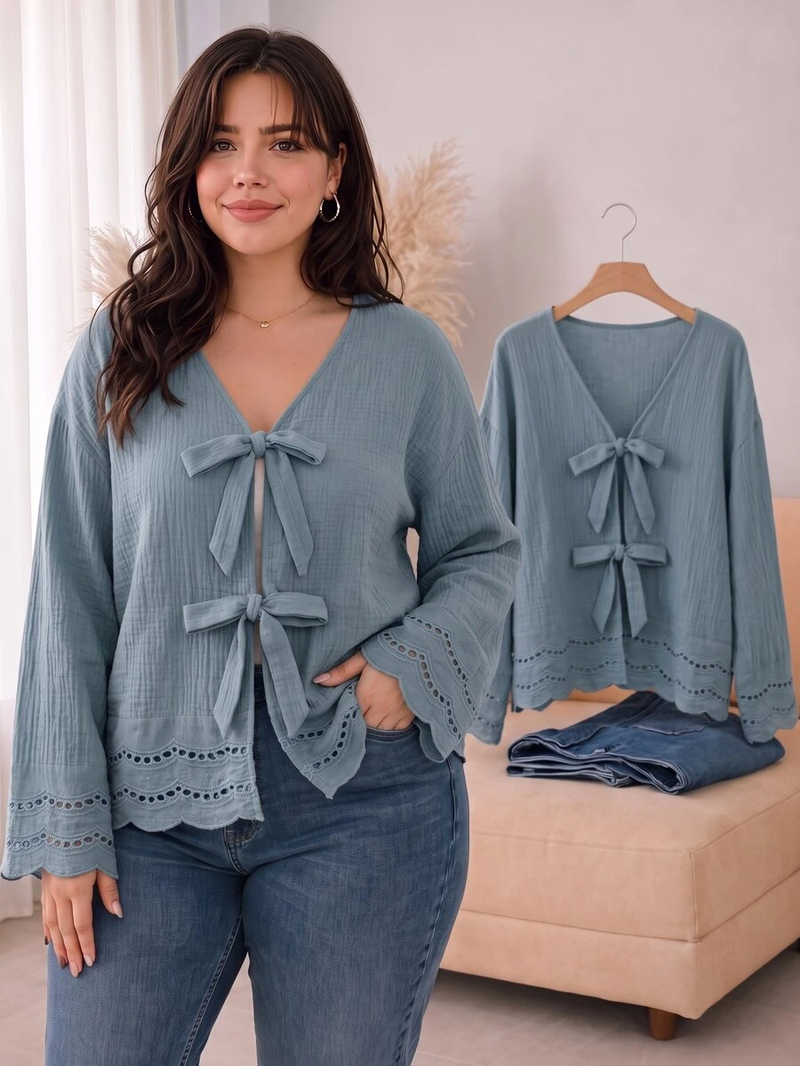 CosyJoli Blusa de talla grande casual con cordones, volantes, patchwork, tela texturizada, cuello en V y manga larga para otoño