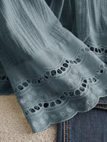 CosyJoli Blusa de talla grande casual con cordones, volantes, patchwork, tela texturizada, cuello en V y manga larga para otoño - Azul - Ver 7