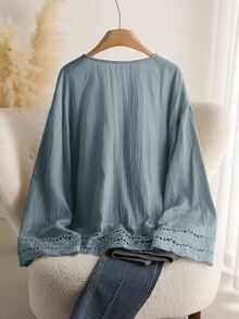 CosyJoli Blusa de talla grande casual con cordones, volantes, patchwork, tela texturizada, cuello en V y manga larga para otoño - Azul - Ver 5