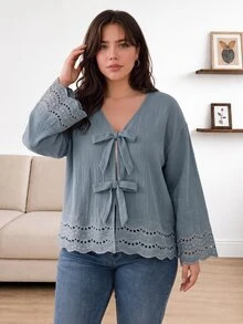 CosyJoli Blusa de talla grande casual con cordones, volantes, patchwork, tela texturizada, cuello en V y manga larga para otoño - Azul - Ver 3
