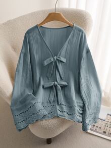 CosyJoli Blusa de talla grande casual con cordones, volantes, patchwork, tela texturizada, cuello en V y manga larga para otoño - Azul - Ver 4