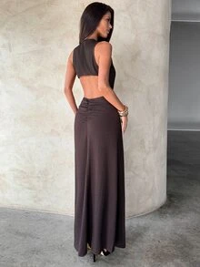 Aloruh 女款春夏婚禮新款棕色與金色無袖貼身魚尾裙，適合街頭穿搭、優雅日常通勤與派對之夜 - 咖啡 - 查看 4