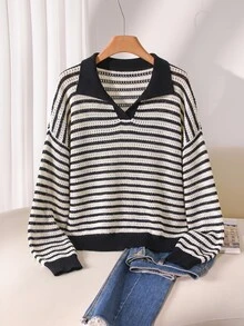 CosyJoli Plus Size Casual Polo Collar Striped Long Sleeve Pullover Sweater In Fall/Winter - Black - View 3