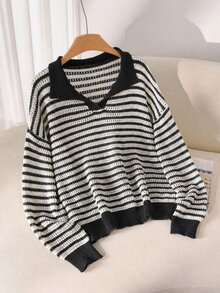 CosyJoli Plus Size Casual Polo Collar Striped Long Sleeve Pullover Sweater In Fall/Winter - Black - View 8