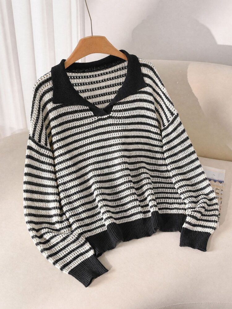 CosyJoli Plus Size Casual Polo Collar Striped Long Sleeve Pullover Sweater In Fall/Winter - Black - View 8