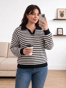 CosyJoli Plus Size Casual Polo Collar Striped Long Sleeve Pullover Sweater In Fall/Winter - Black - View 2