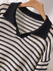 CosyJoli Plus Size Casual Polo Collar Striped Long Sleeve Pullover Sweater In Fall/Winter - Black - View 7