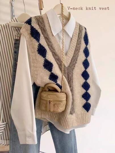 Resyla Fashionable Argyle Jacquard V-Neck Vest Jacket, Preppy Style