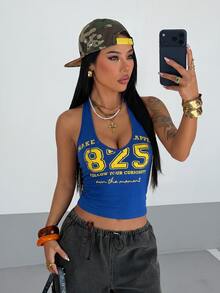 Fiercella Fiercella 女款春夏藍黃配色V領街頭風性感休閒細肩帶背心，適合度假、音樂節、Y2K外訪夜生活 - 寶藍色 - 查看 4