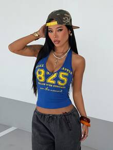 Fiercella Fiercella 女款春夏藍黃配色V領街頭風性感休閒細肩帶背心，適合度假、音樂節、Y2K外訪夜生活 - 寶藍色 - 查看 5