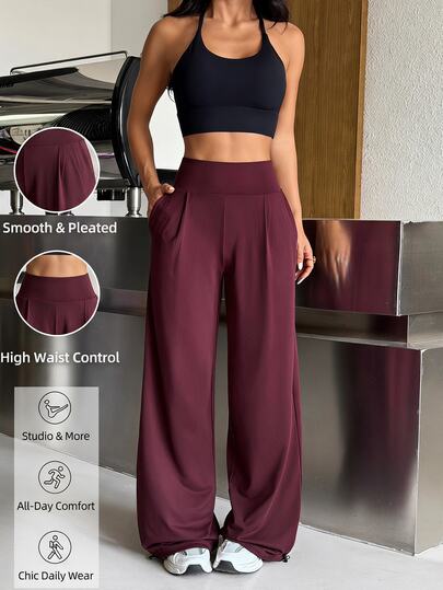 Muchica Women's Maroon High Waist Wide Leg Relaxed Fit Stretchy Ankle Length Slimming Booty Lift Sports Pants Breathable Gym Yoga Activewear Jogger Trousers