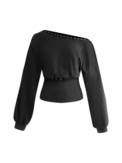 Grunge Punk Washed Effect Asymmetrical Shoulder Design Waist-Cinching Plus Size Women's Sweatshirt