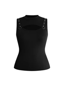 ROMWE Grunge Punk Plus Size Women's Solid Color Eyelet Design Hollow Out Fitted Tank Top - Black - View 1