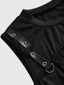 ROMWE Grunge Punk Plus Size Women's Solid Color Eyelet Design Hollow Out Fitted Tank Top - Black - View 3