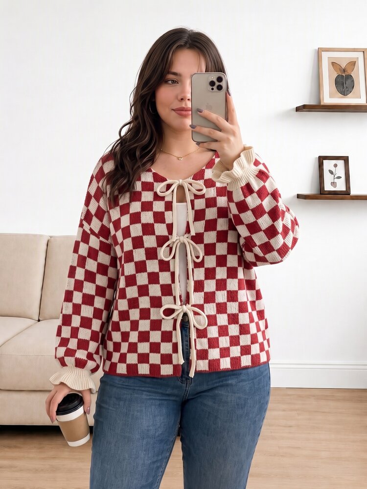 CosyJoli Plus Size Women's Plaid Casual 80s 90s 1920s Versatile Everyday Cardigan Summer Evening Formal Teacher Red And White - Red - View 3