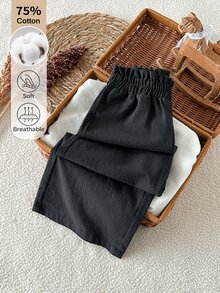 SHEIN 女童純色鬆緊腰寬腿寬鬆休閒長褲 - 黑色 - 查看 6