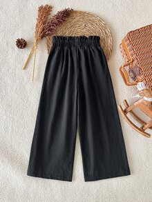 SHEIN 女童純色鬆緊腰寬腿寬鬆休閒長褲 - 黑色 - 查看 4