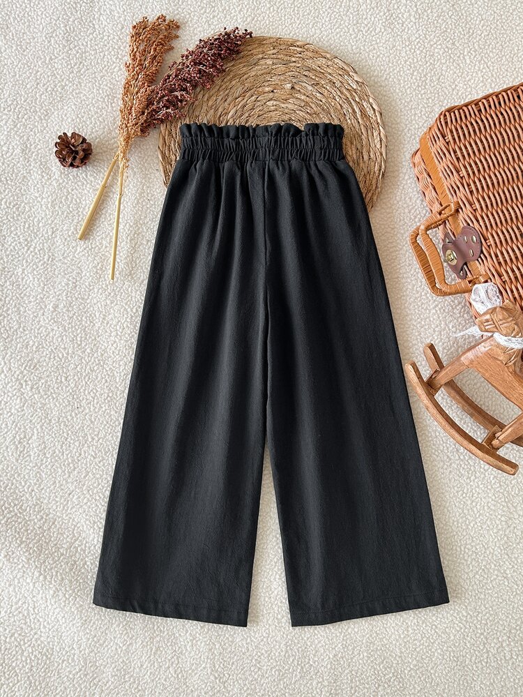 SHEIN Young Girl Solid Color Elastic Waist Wide Leg Loose Casual Long Pants - Black - View 4