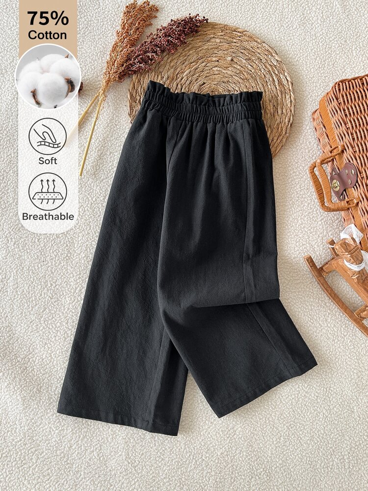 SHEIN Young Girl Solid Color Elastic Waist Wide Leg Loose Casual Long Pants - Black - View 3