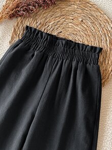 SHEIN 女童純色鬆緊腰寬腿寬鬆休閒長褲 - 黑色 - 查看 8