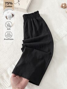SHEIN 女童純色鬆緊腰寬腿寬鬆休閒長褲 - 黑色 - 查看 1
