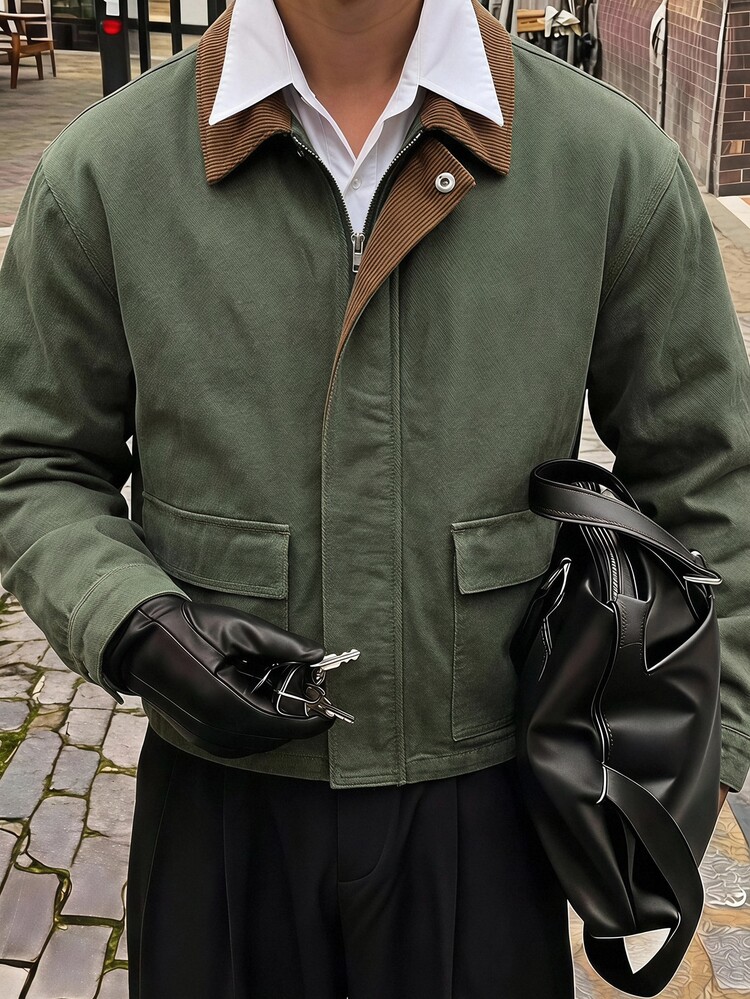 AXEPEAK Chaqueta vaquera de manga larga con botones, cremallera y bolsillos para hombre - Verde - Añade 1