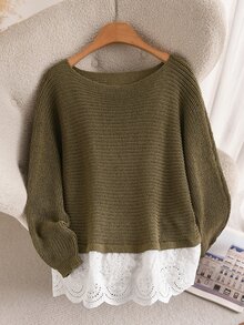 CosyJoli Plus Size Elegant French Style Patchwork Lace Knit Pullover Sweater Top For Women Winter - Army Green - View 8