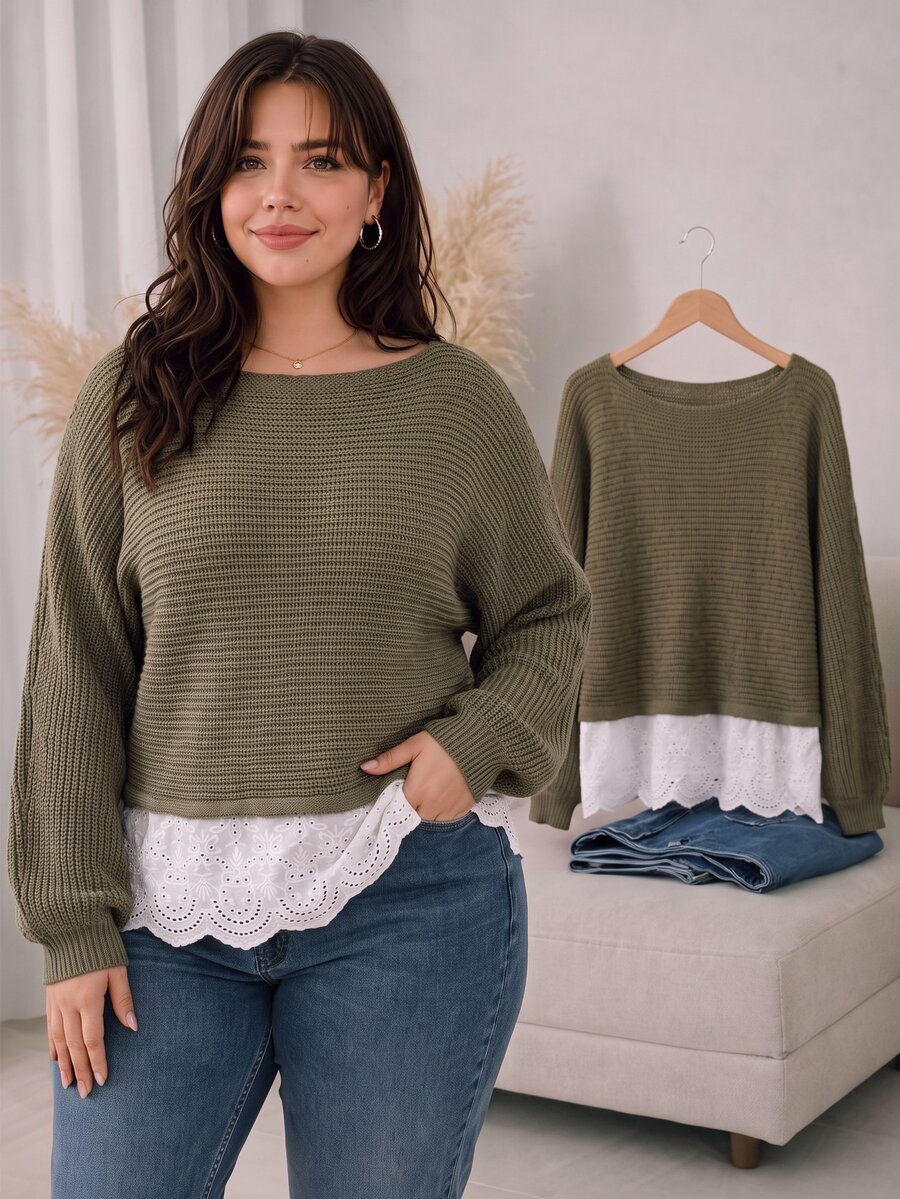 CosyJoli Plus Size Elegant French Style Patchwork Lace Knit Pullover Sweater Top For Women Winter