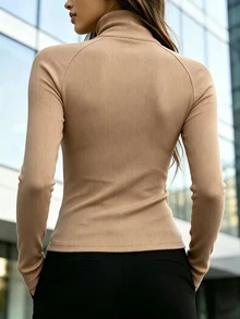 SHEIN Women's Solid Color Stand Collar Raglan Sleeve Casual Fitted Knit Top - Brown - View 2