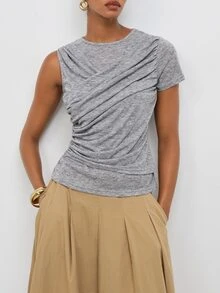 Maija Women's Solid Color Round Neck One Shoulder Short Sleeve Ruched Casual T-Shirt - Grey - View 4