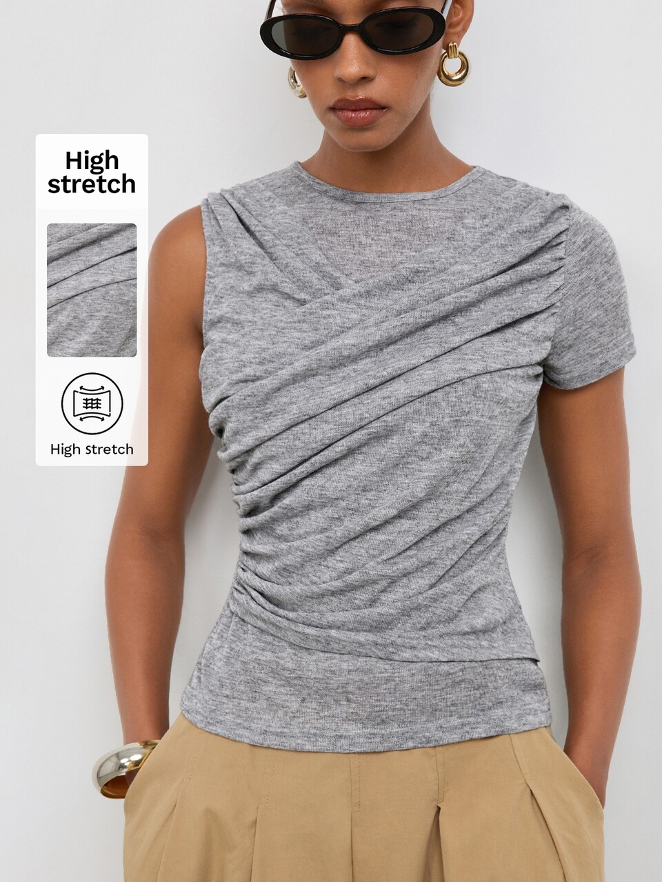 SHEIN Maija Women's Solid Color Round Neck One Shoulder Short Sleeve Ruched Casual T-Shirt