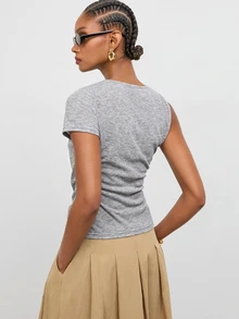 Maija Women's Solid Color Round Neck One Shoulder Short Sleeve Ruched Casual T-Shirt - Grey - View 7
