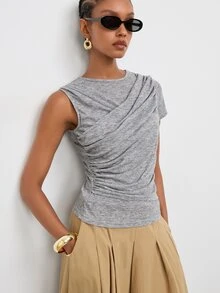 Maija Women's Solid Color Round Neck One Shoulder Short Sleeve Ruched Casual T-Shirt - Grey - View 5