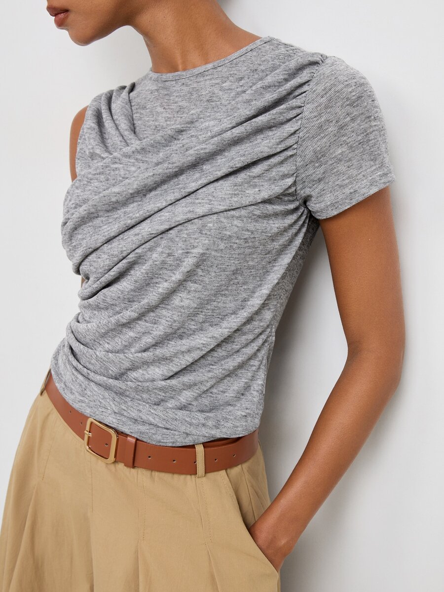 Maija Women's Solid Color Round Neck One Shoulder Short Sleeve Ruched Casual T-Shirt - Grey - View 1