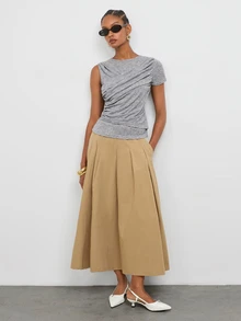 Maija Women's Solid Color Round Neck One Shoulder Short Sleeve Ruched Casual T-Shirt - Grey - View 3